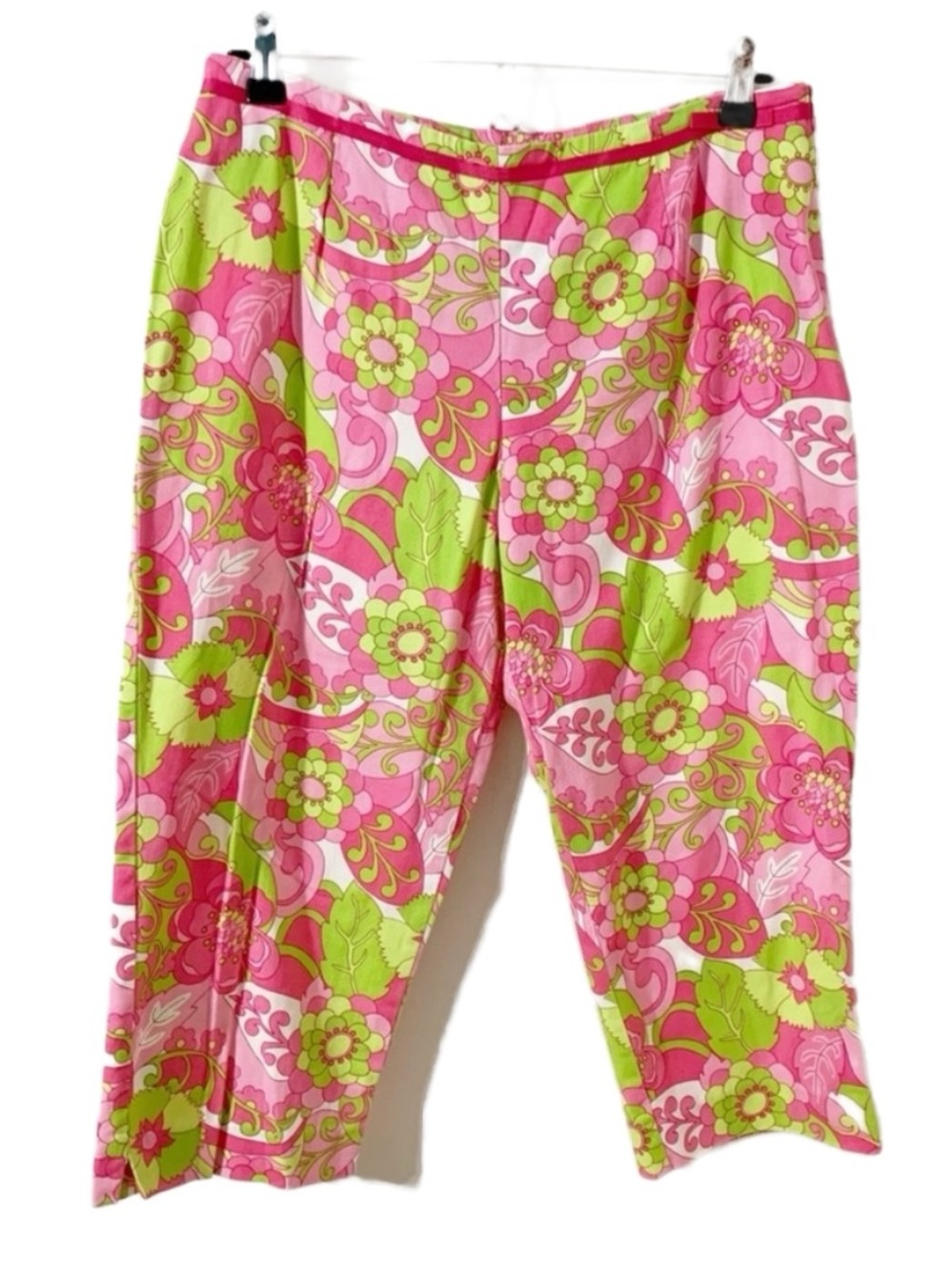 Briggs Groovy Floral Crop Capris Pants Side Invisible Zip Grosgrain Ribbon 🩷💚
